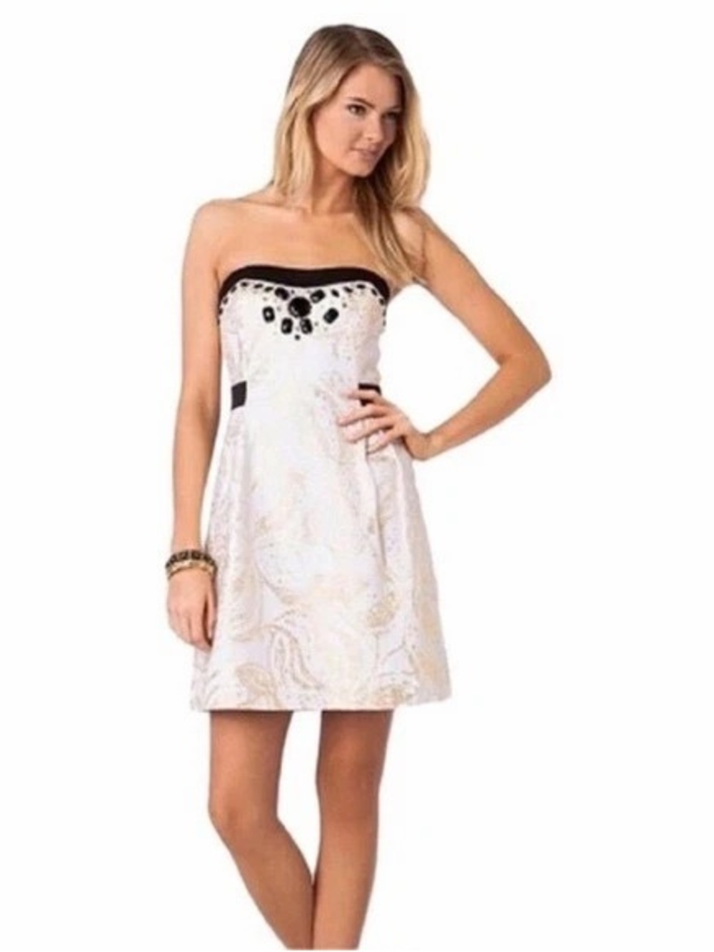 Lilly Pulitzer Christine Sneak A Peak Beaded Strapless Dress Sz 2 Gold Black Min - Picture 1 of 13
